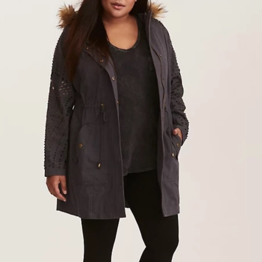 Torrid Dark Grey Embellished Beaded Twill Parka Jacket‎